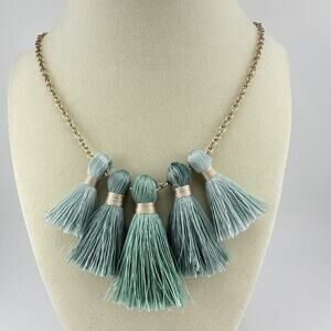 24” Miss Ivy Pearl Gold Tone Endless Teal Seafoam Tassel Statement Necklace